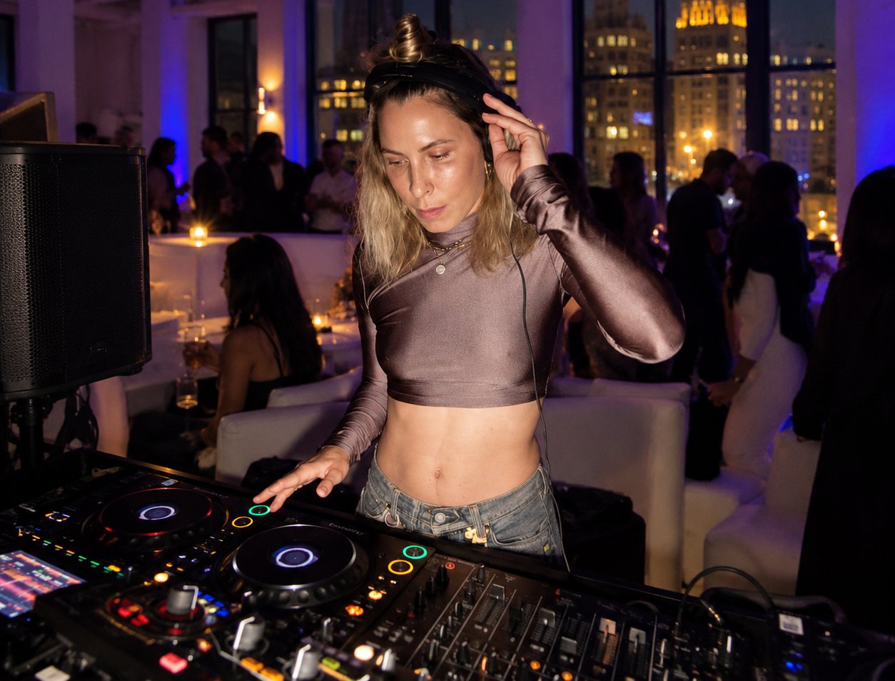 A DJ at the decks on the Overlook floor, guests and the Detroit skyline behind